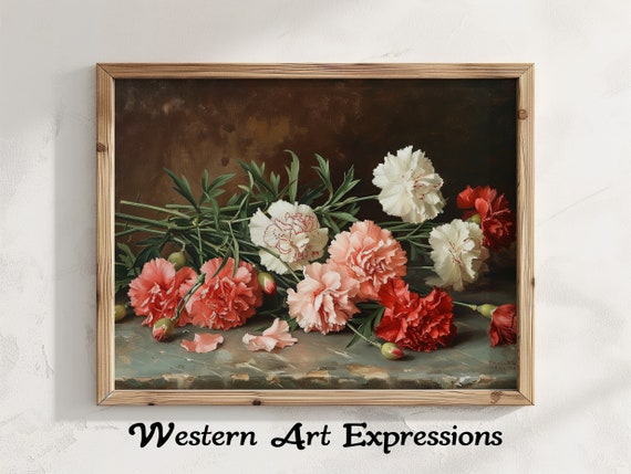 Carnation Bouquet Vintage Flower Painting Art Print Botanical Still Life Wall Decor Antique Floral