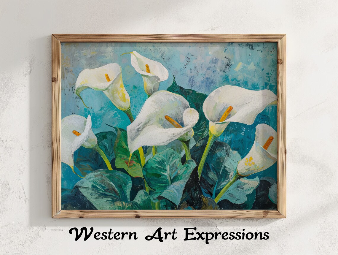 White Calla Lilies Vintage Oil Painting Blue Floral Art Poster