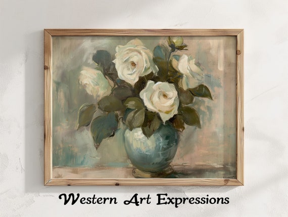 White Roses In Vase Elegant Canvas Print Vintage Floral Wall Art Soft Pastel Bedroom Decor Botanical Painting