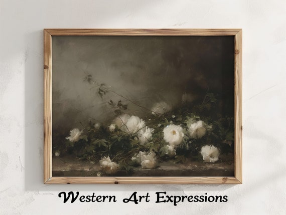 Cut Flowers Moody Neutral Art Vintage Floral Wall Print Botanical Artwork Elegant Dark Background Living Room Decor