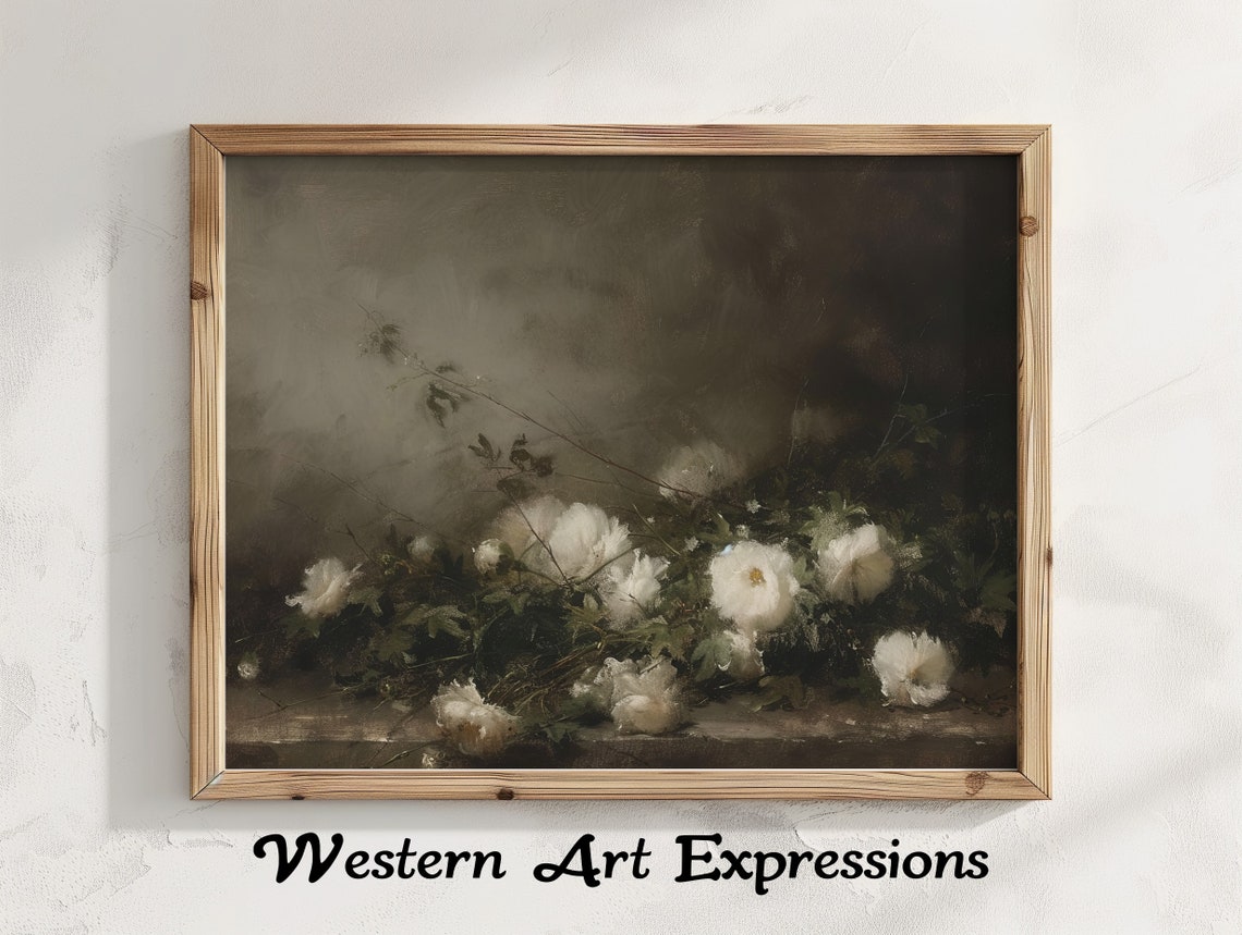 Moody White Peony Vintage Floral Still Life Dark Elegant Poster