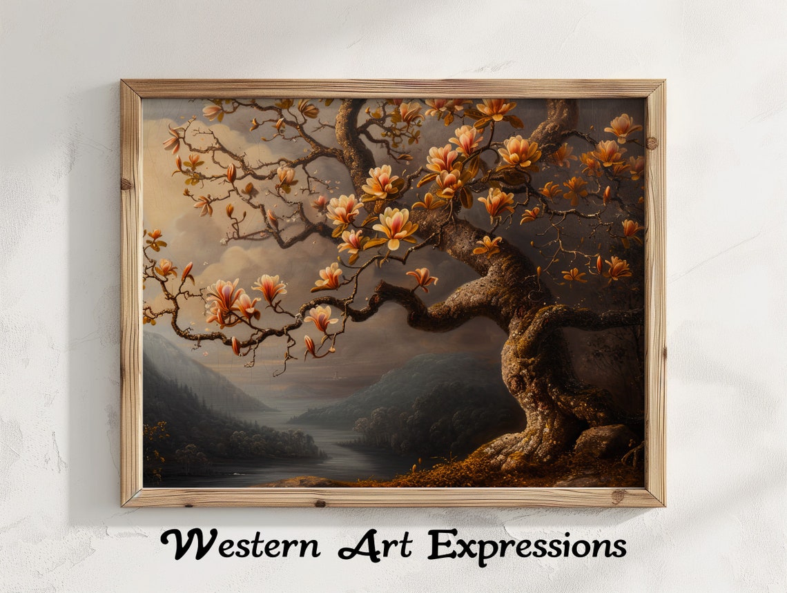 Blooming Tree Over Still Lake Vintage Landscape Painting Poster