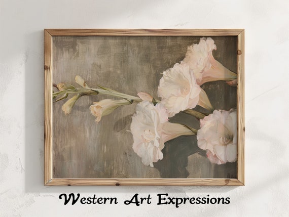 Vintage Flower Oil Painting Beige And White Gladiolus Rustic Home Decor Botanical Print Elegant Artwork