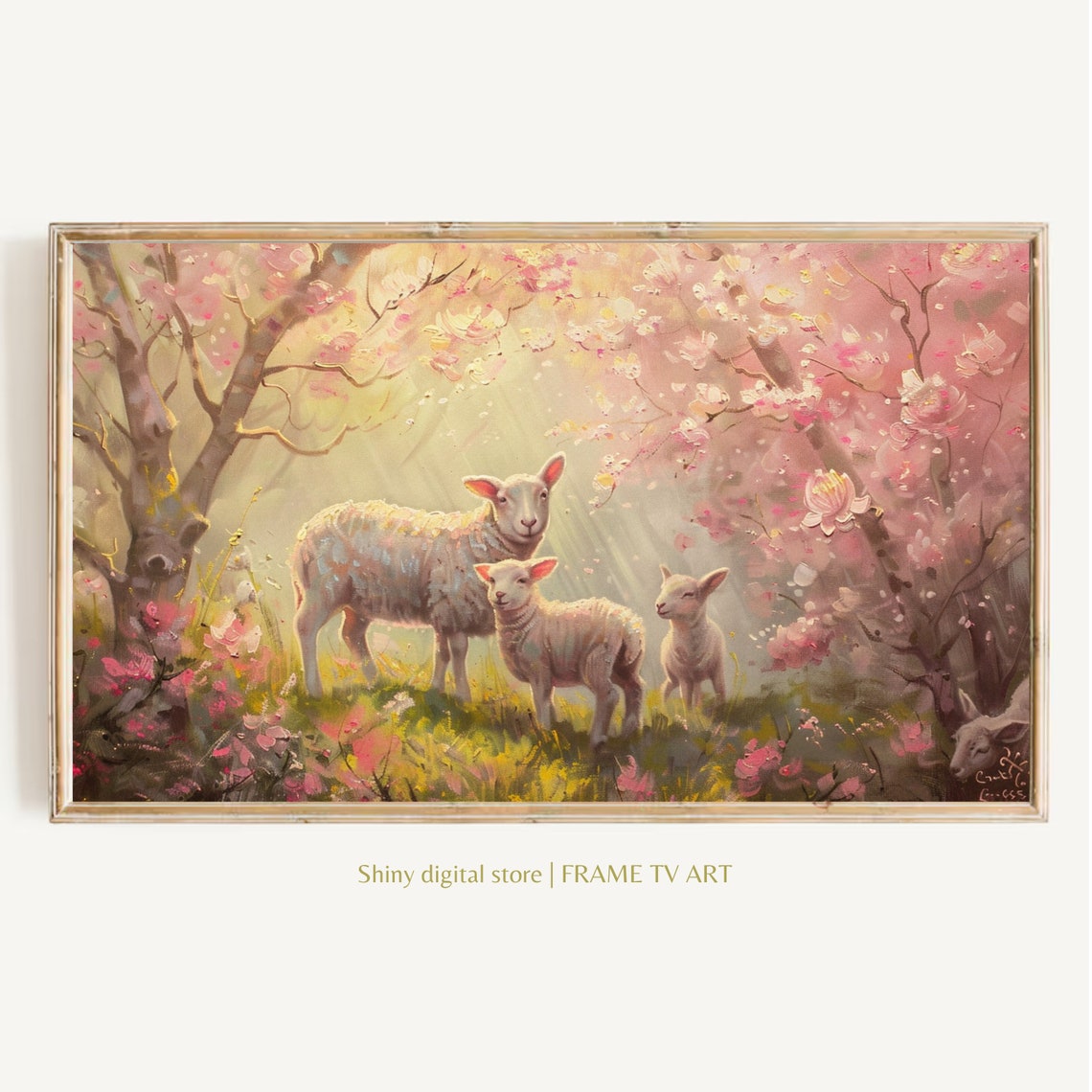 Spring Lambs Under Pink Cherry Blossom Trees Pastel Farm Art Poster