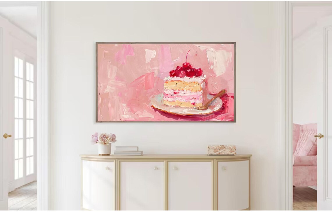 Pink Cherry Cake Slice Impasto Painting Birthday Party Art Poster - Image 2