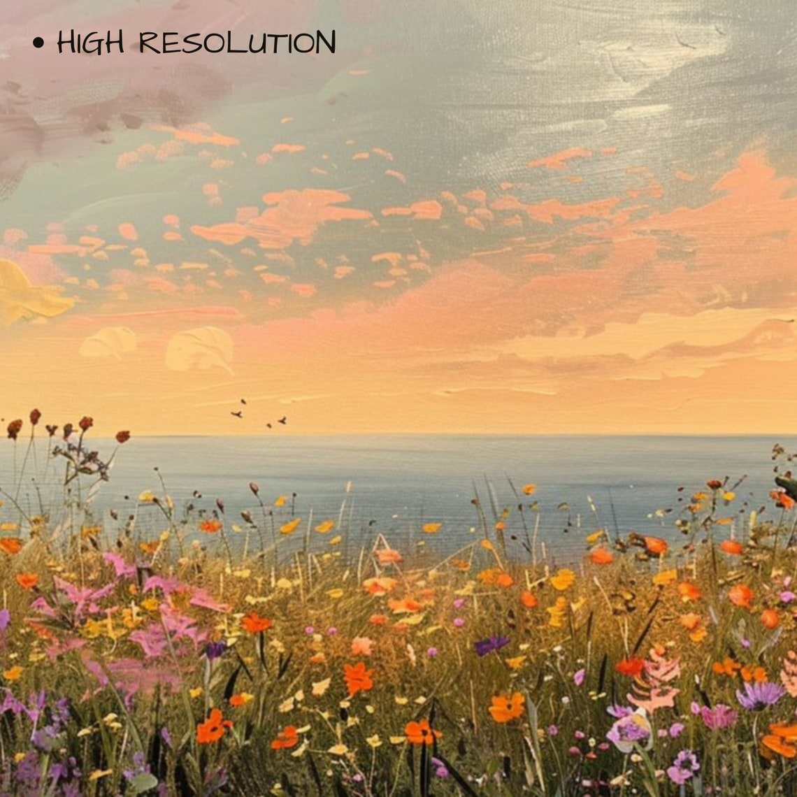Wildflower Meadow Ocean Sunset Peach Sky Coastal Floral Art Print - Image 3