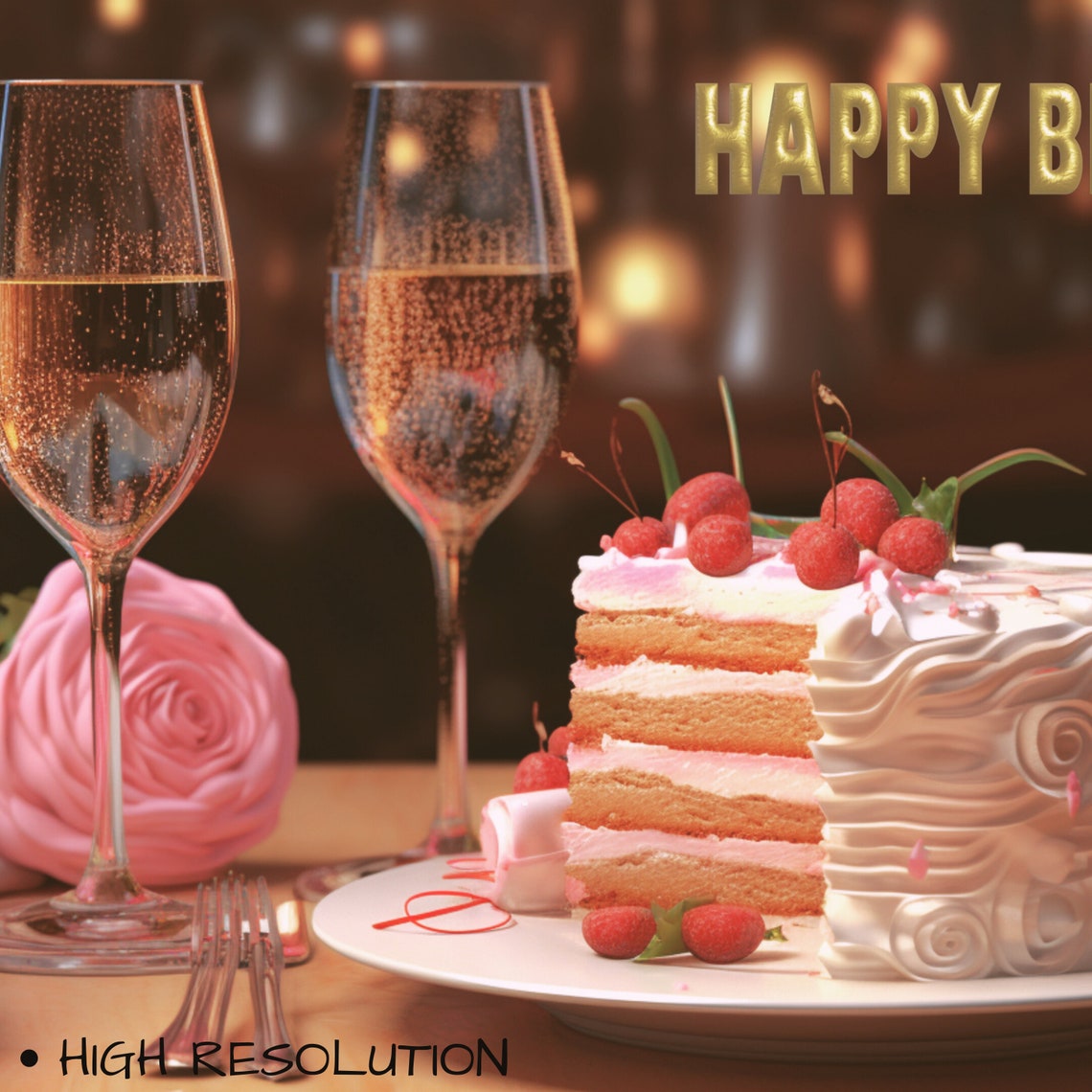 Happy Birthday Champagne Cake Gold Celebration Party Table Art Poster - Image 3