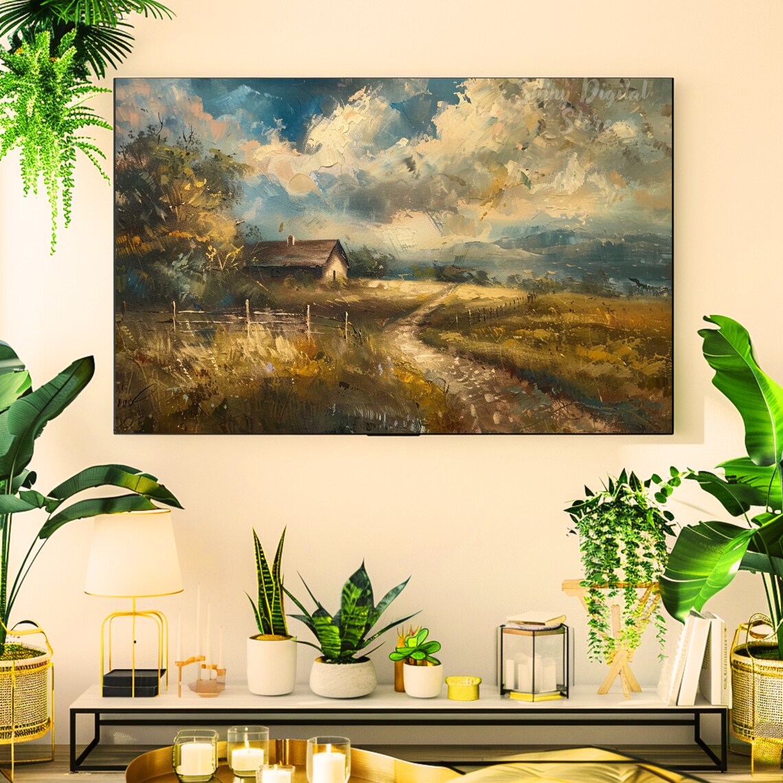 Moody Country Cottage Golden Field Vintage Landscape Art Poster - Image 2