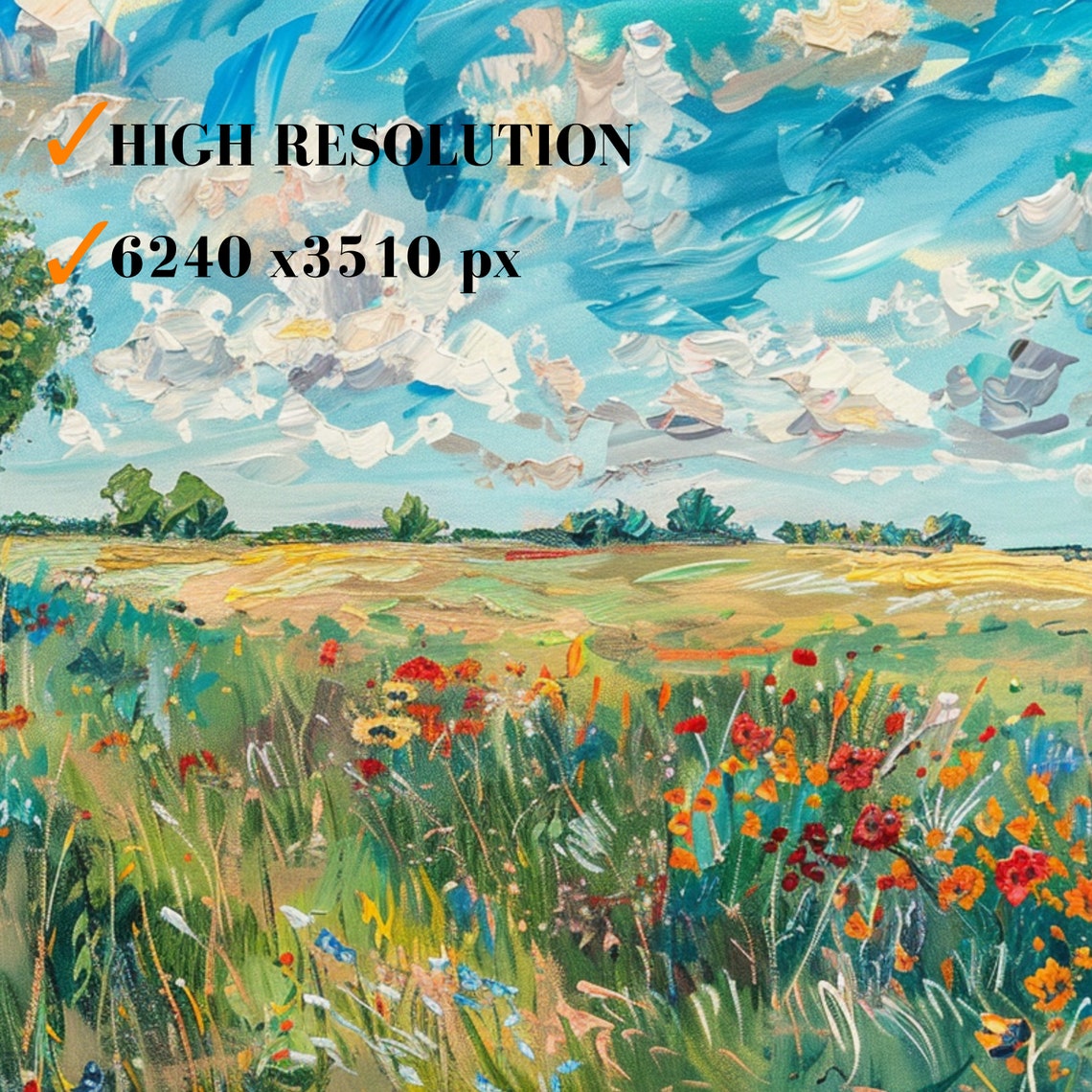 Poppy Wildflower Meadow Green Tree Cloudy Blue Sky Landscape Poster - Image 3