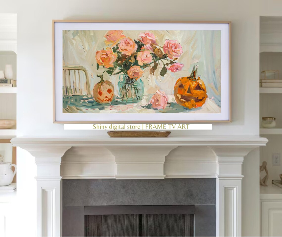 Pink Roses and Jack O Lanterns Cute Halloween Still Life Oil Wall Art - Image 3