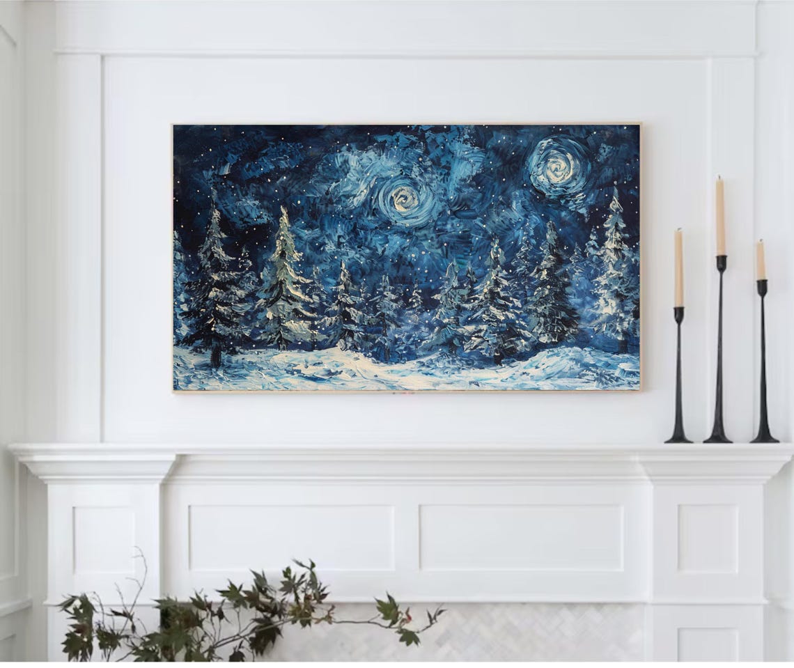Starry Night Snowy Pines Winter Landscape Oil Painting Art Poster - Image 2