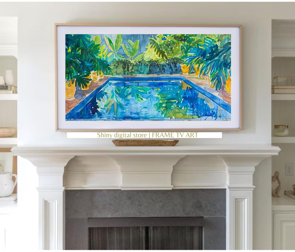 Tropical Swimming Pool with Lush Greenery Watercolor Vacation Poster - Image 2