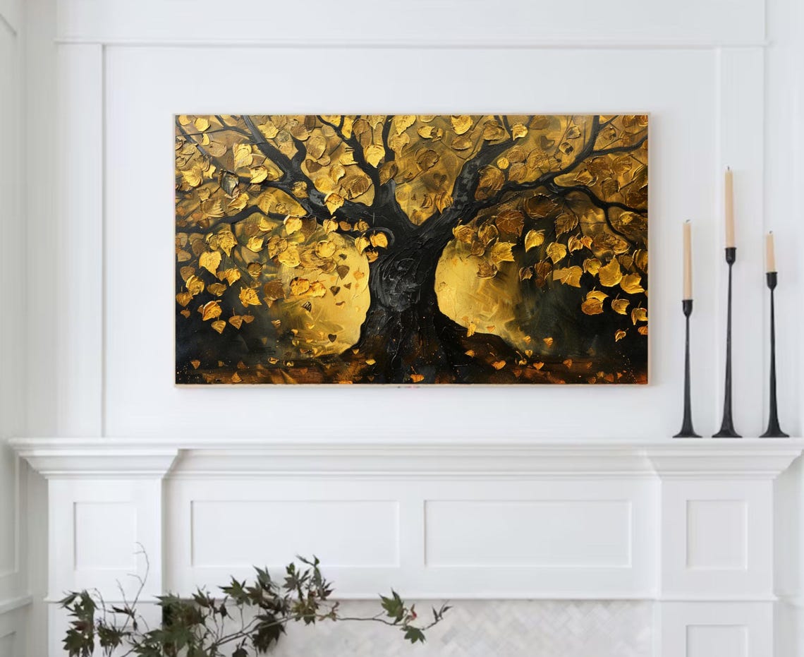 Dark Gold Tree Painting Moody Black Branches Golden Leaves Art Poster - Image 2