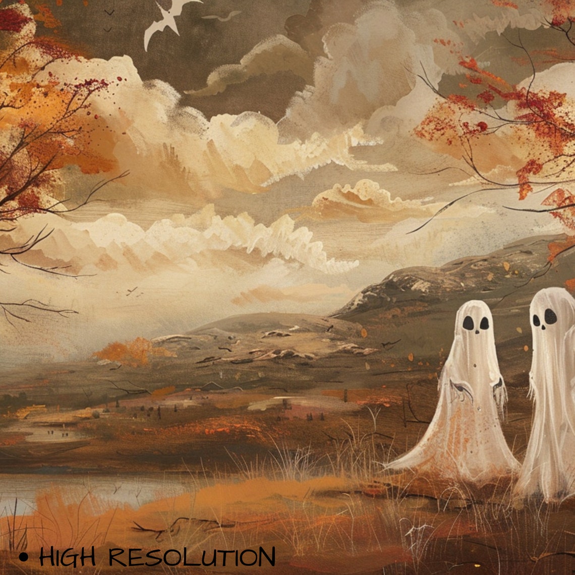 Two Ghosts Autumn Landscape Fall Foliage Vintage Halloween Art Poster - Image 3