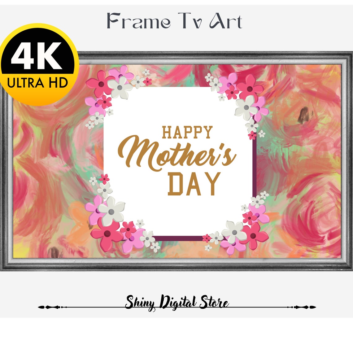 Happy Mothers Day Gold Script Pink Floral Card Style Frame TV Wall Art
