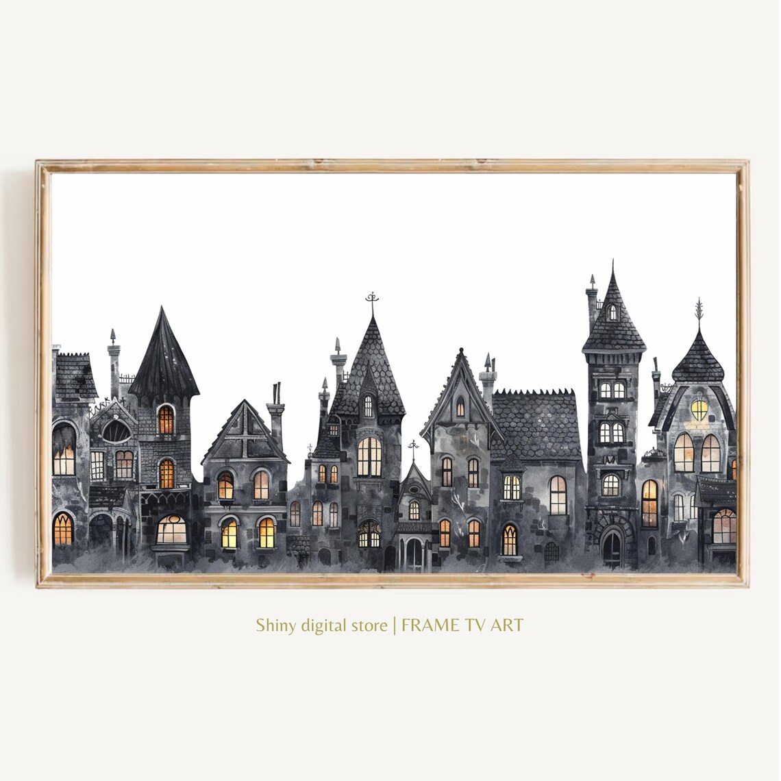 Haunted Houses Watercolor Glowing Windows Spooky Halloween Village Poster