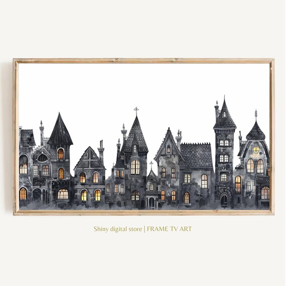 Haunted Houses Watercolor Glowing Windows Spooky Halloween Village Poster
