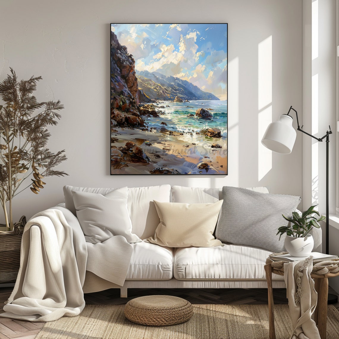 Rocky Coastal Cove Cliffs Sunlit Waves Oil Painting Beach Poster - Image 2