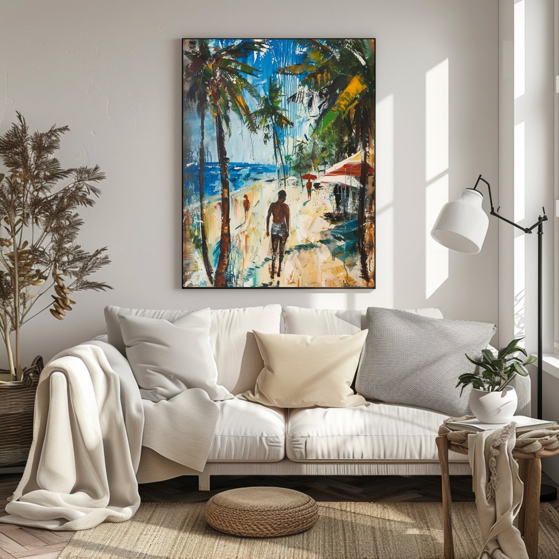 Tropical Palm Beach Figures Sunny Shore Coastal Oil Art Poster - Image 2