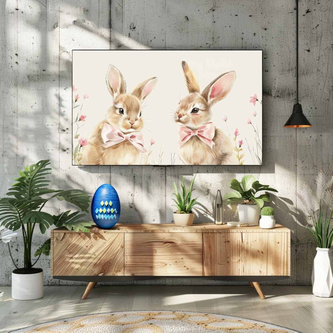 Easter Frame Tv Art Bunnies With Pink Bows Easter Rabbit Tv Art Neutral Cute Rabbit For Kids Frame Tv Art Vintage Style - Image 2