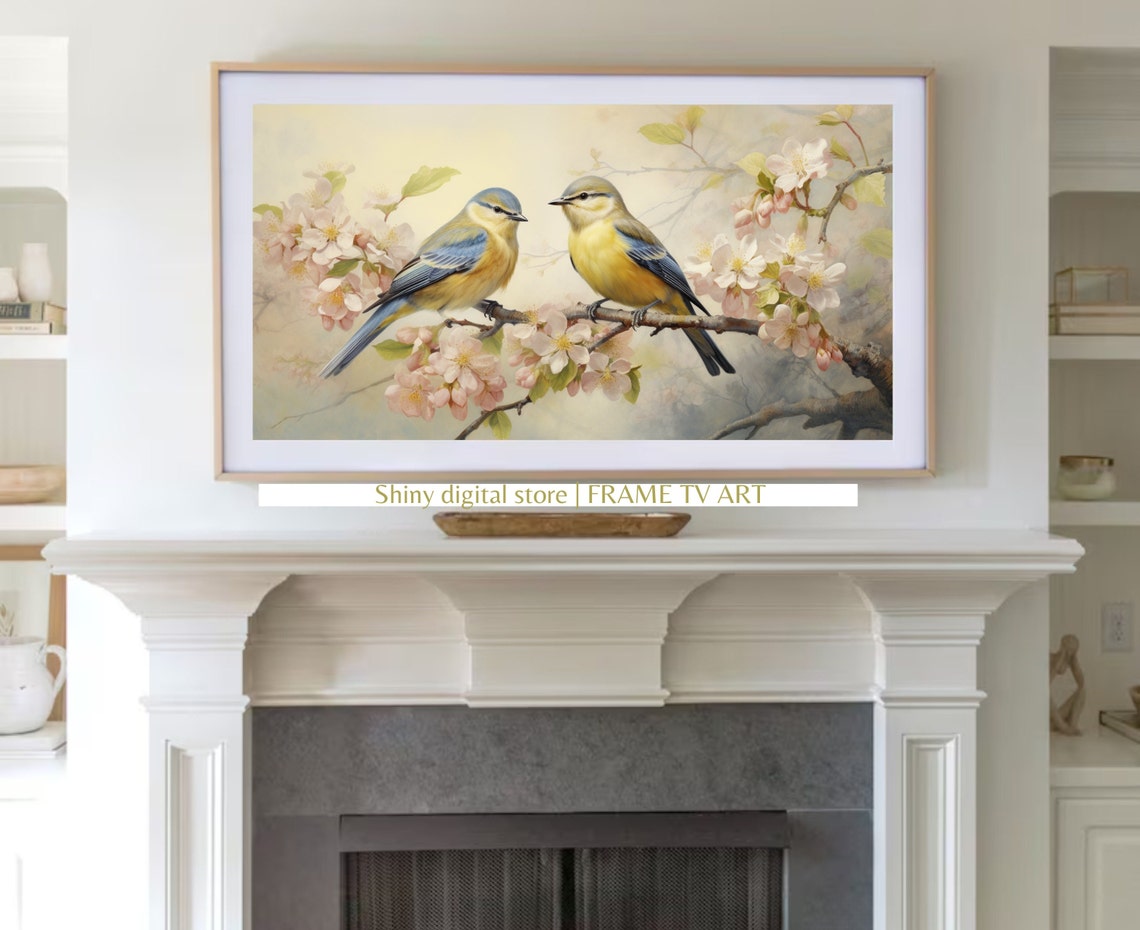 Spring Cherry Blossom Branch Two Songbirds Watercolor Art Poster - Image 3
