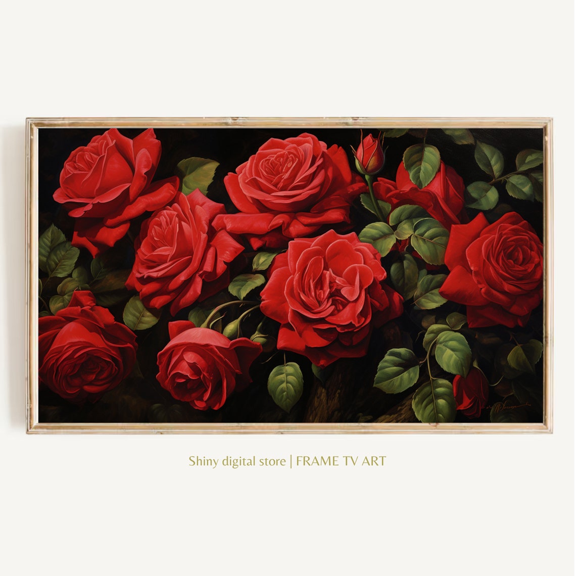 Vibrant Red Roses Floral Painting Dark Botanical Wall Art Print