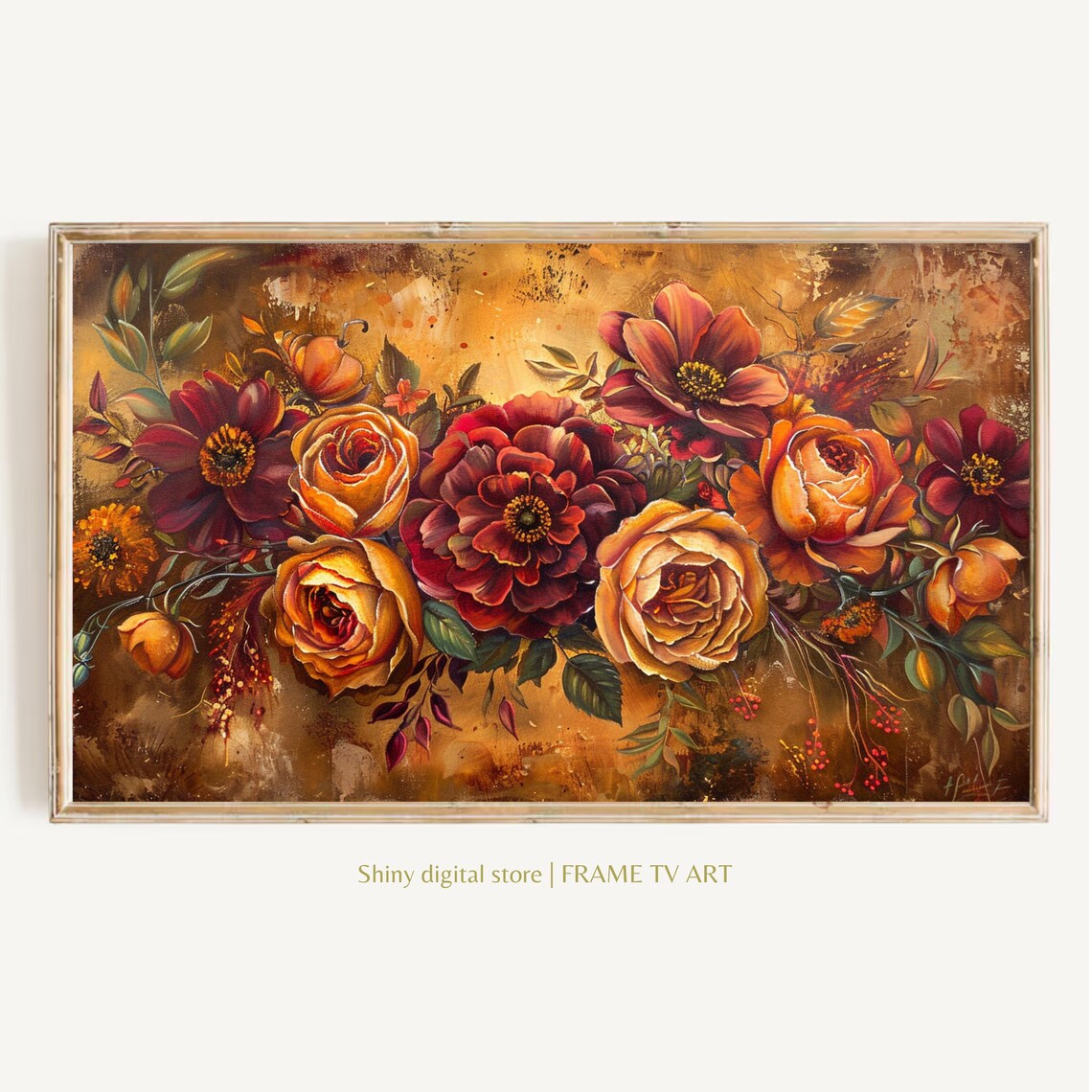 Autumn Floral Bouquet Roses Dahlias Warm Golden Painting Poster