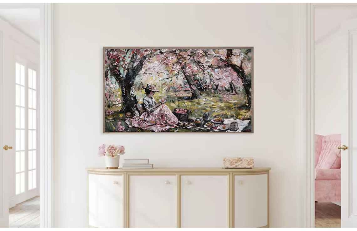 Victorian Woman Cherry Blossom Picnic Oil Painting Spring Poster - Image 2