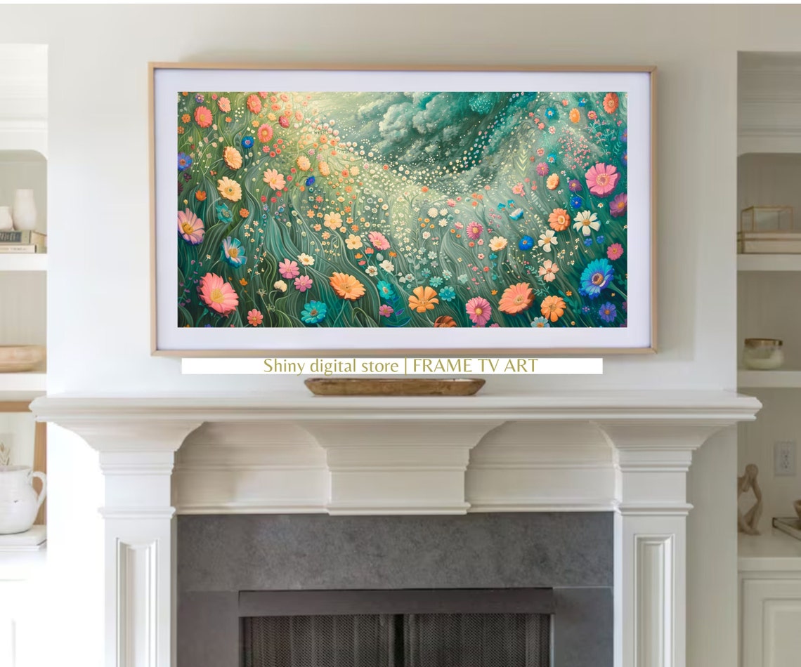 Dreamy Floral Meadow Swirling Teal Pink Orange Blossoms Art Print - Image 3
