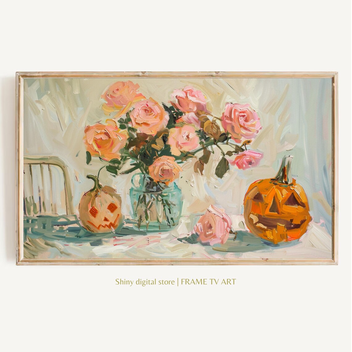 Pink Roses and Jack O Lanterns Cute Halloween Still Life Oil Wall Art