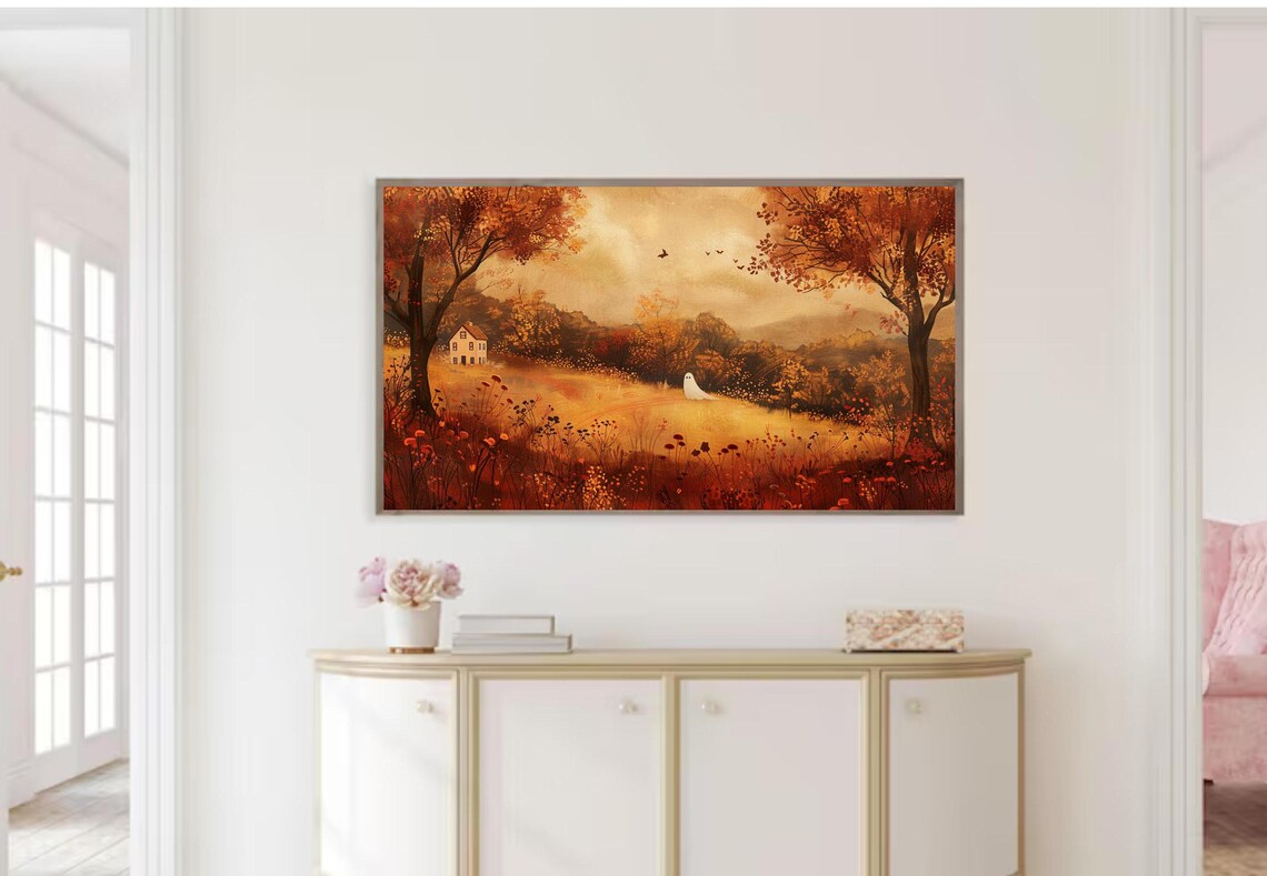 Vintage Autumn Ghost Landscape Fall Countryside Spooky Cute Halloween Poster - Image 2