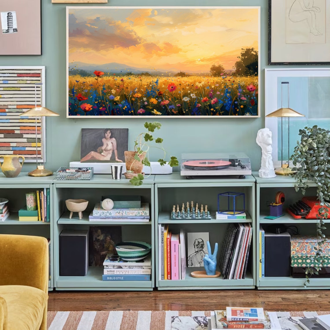 Golden Sunset Wildflower Field Landscape Oil Painting Spring Poster - Image 2