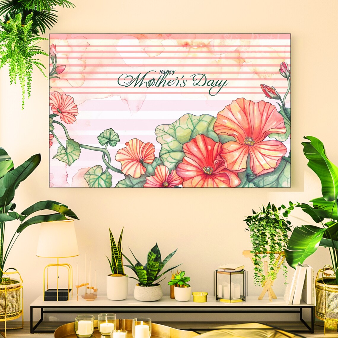 Happy Mothers Day Pink Stripes Coral Morning Glory Floral Art Poster - Image 2
