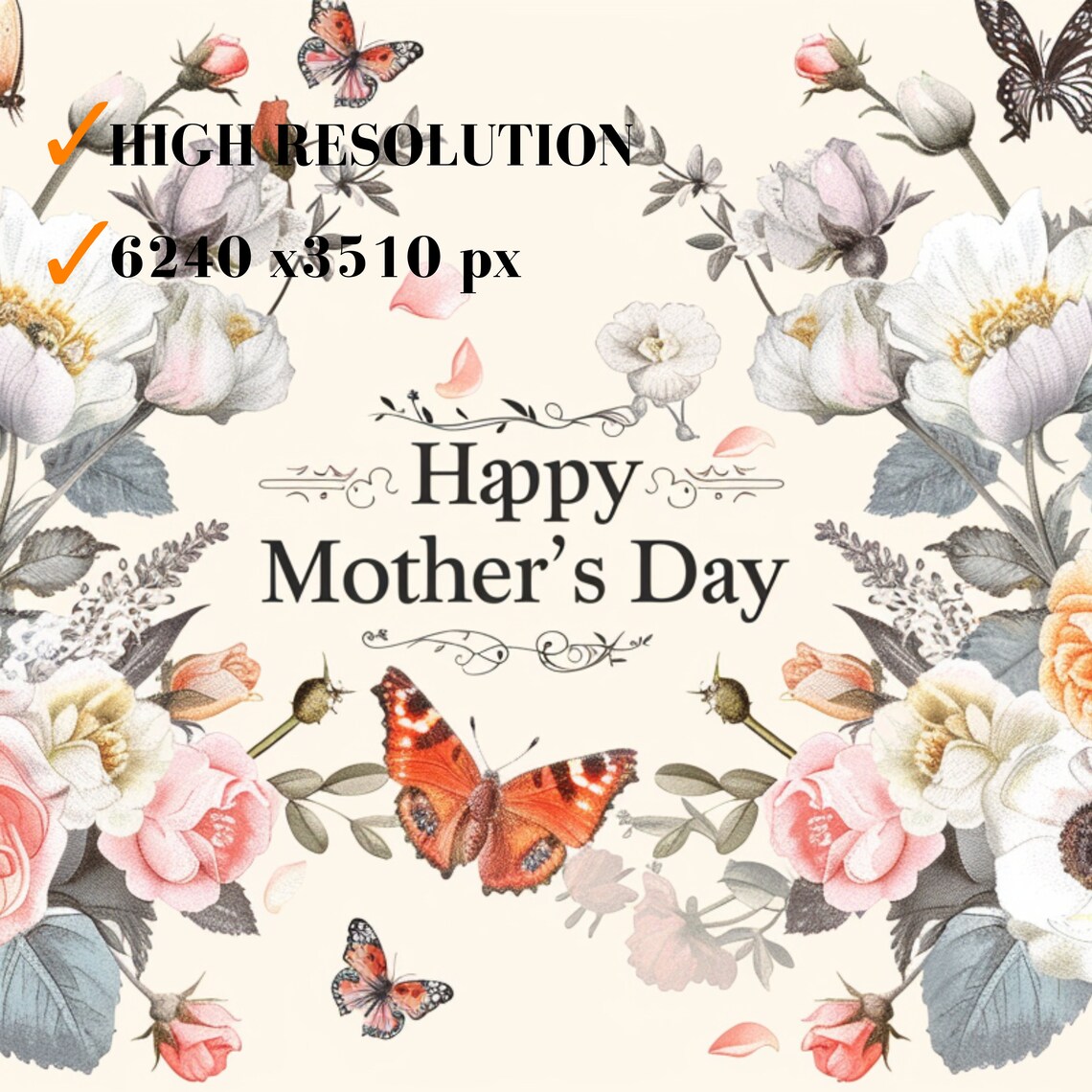 Happy Mothers Day Vintage Roses Butterflies Floral Greeting Art Poster - Image 3