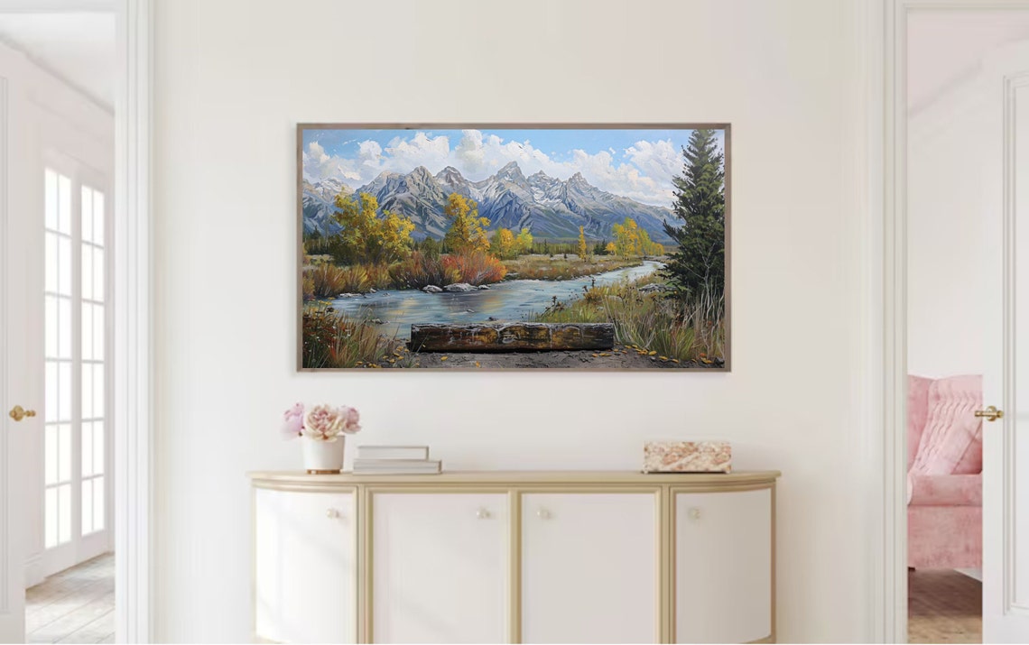 Autumn River With Golden Aspen Trees Rocky Peaks Fall Art Poster - Image 2