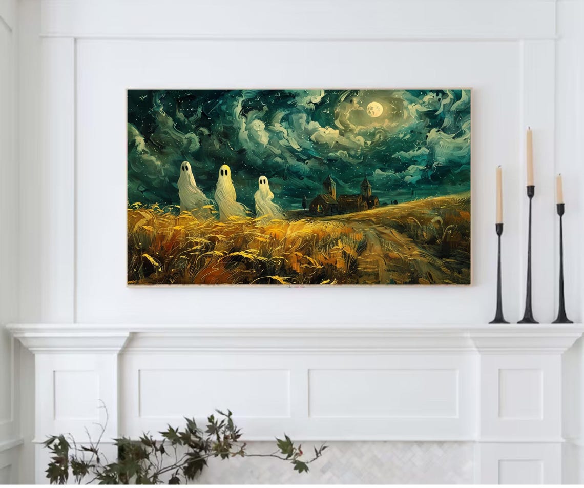 Cute Ghosts Golden Wheat Field Night Moon Spooky Halloween Poster - Image 2