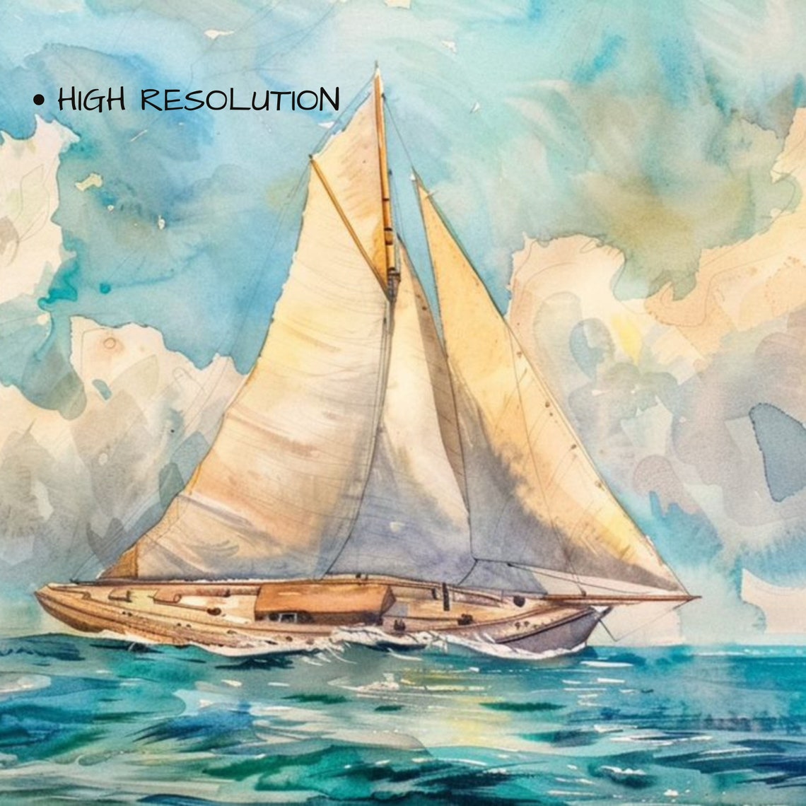 Watercolor Sailboat Turquoise Sea Pastel Clouds Coastal Art Poster - Image 3