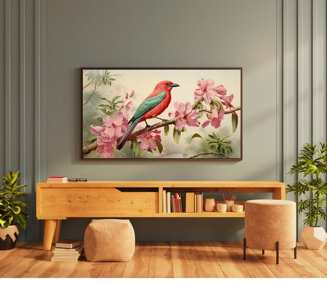 Red Songbird Pink Blossom Branch Vintage Naturalist Bird Art Poster - Image 3