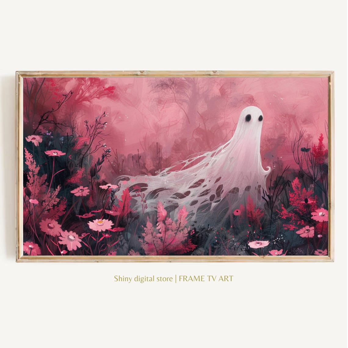 Ethereal Ghost Among Wildflowers Pink Mist Halloween Art Poster