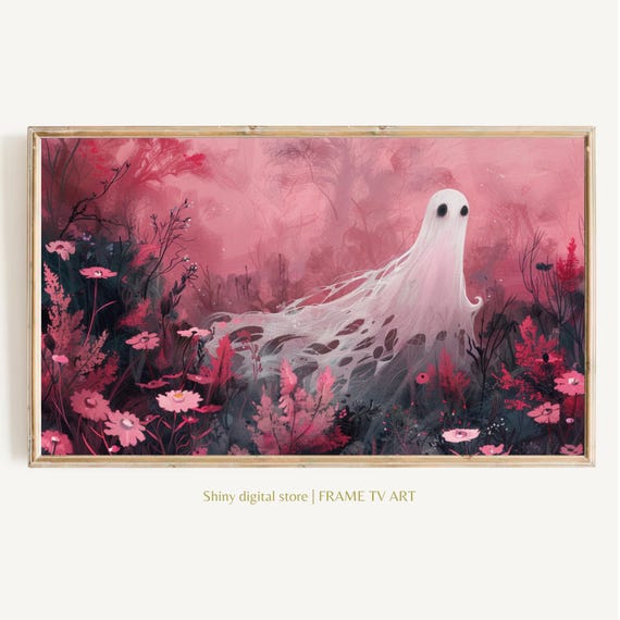 Halloween Frame Tv Art Cute Ghost Wildflower Painting Spooky Pink Floral Tv Screensaver Cottagecore Boho Tv Art