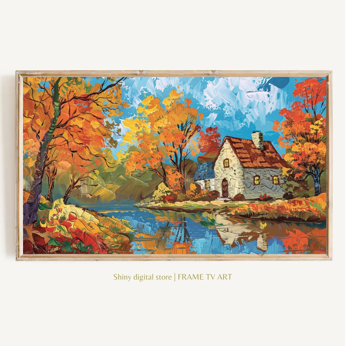 Autumn Farmhouse Pond Reflection Orange Trees Country Landscape Poster