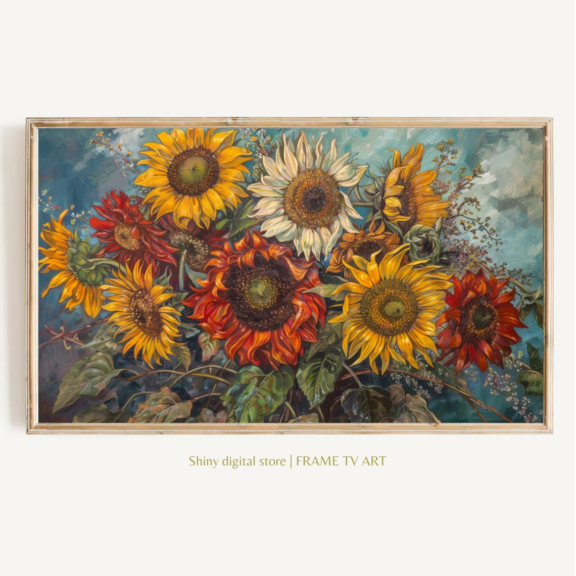 Sunflower Bouquet Yellow Red White Blooms Vintage Floral Art Print