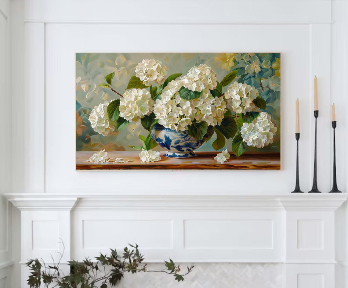 White Hydrangeas Porcelain Vase Still Life Spring Floral Art Poster - Image 2