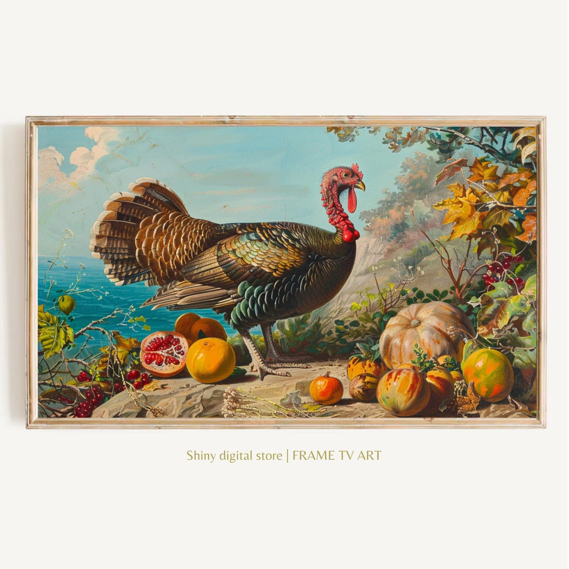 Vintage Wild Turkey with Pumpkins Fall Harvest Thanksgiving Wall Art
