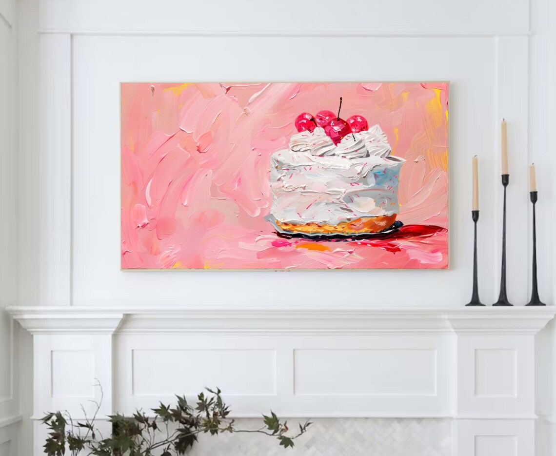 Pink Birthday Cake Cherries Painting Festive Food Dessert Wall Art - Image 2