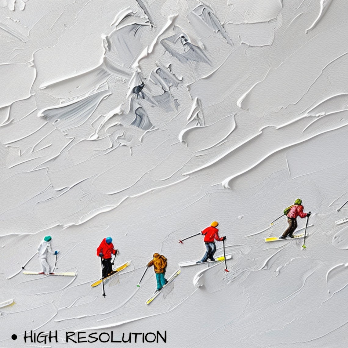 Tiny Skiers White Mountain Slope Minimalist Winter Ski Scene Art Print - Image 3