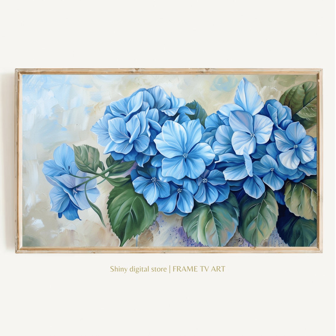 Blue Hydrangea Bouquet Green Leaves Light Blue Floral Painting Print