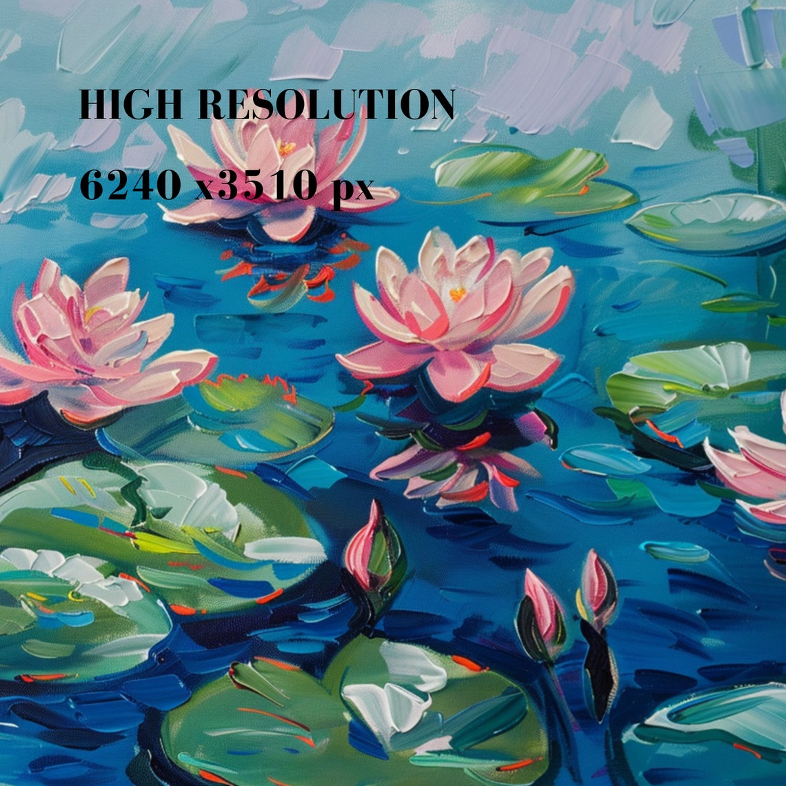 Pink Lotus Flowers Impasto Blue Water Lily Pond Painting Art Poster - Image 3