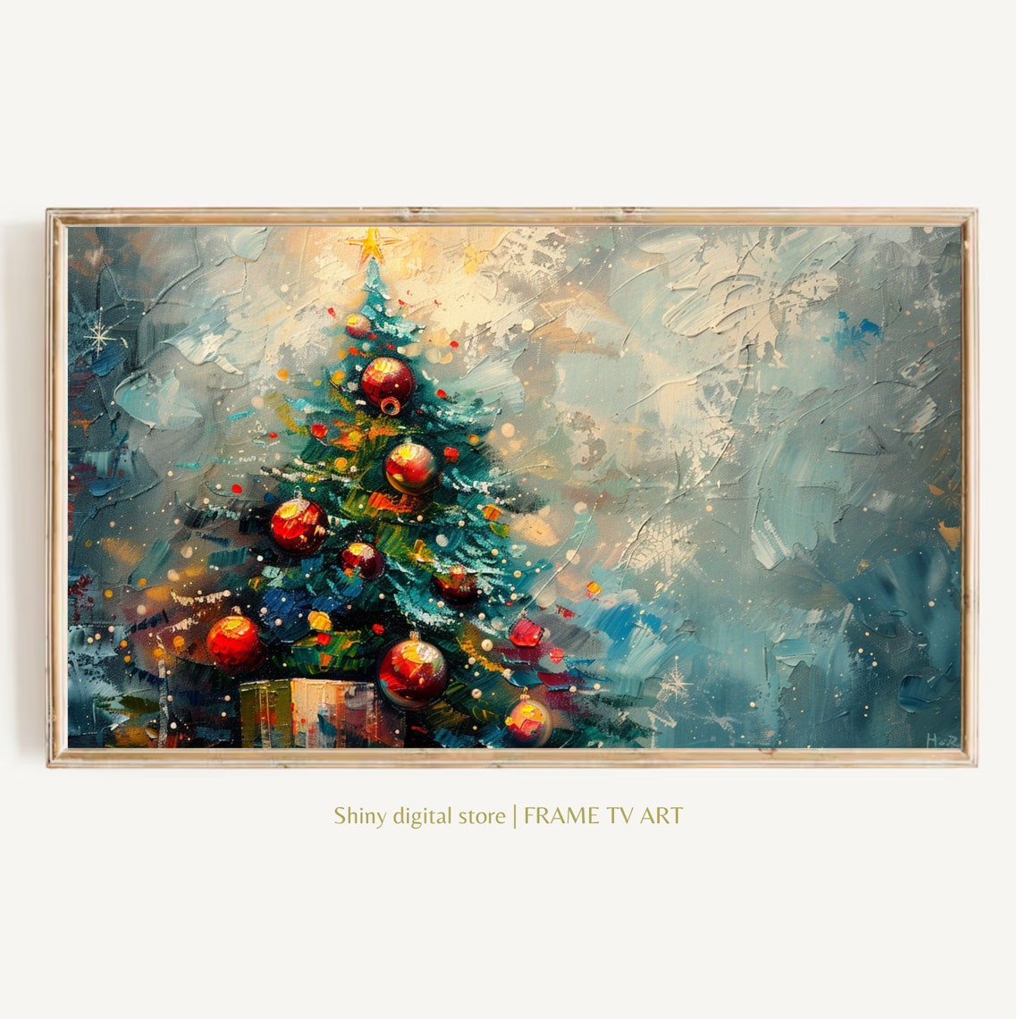 Christmas Tree Red Ornaments Snowy Impasto Holiday Painting Art Poster