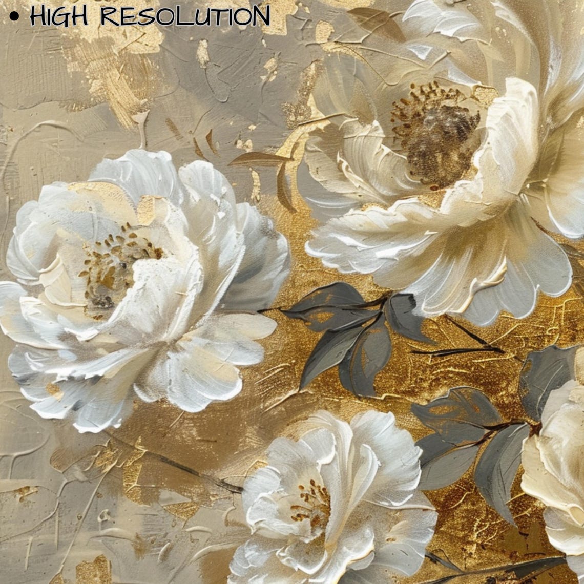 White Peonies with Gold Leaf Neutral Floral Oil Painting Wall Art - Image 3